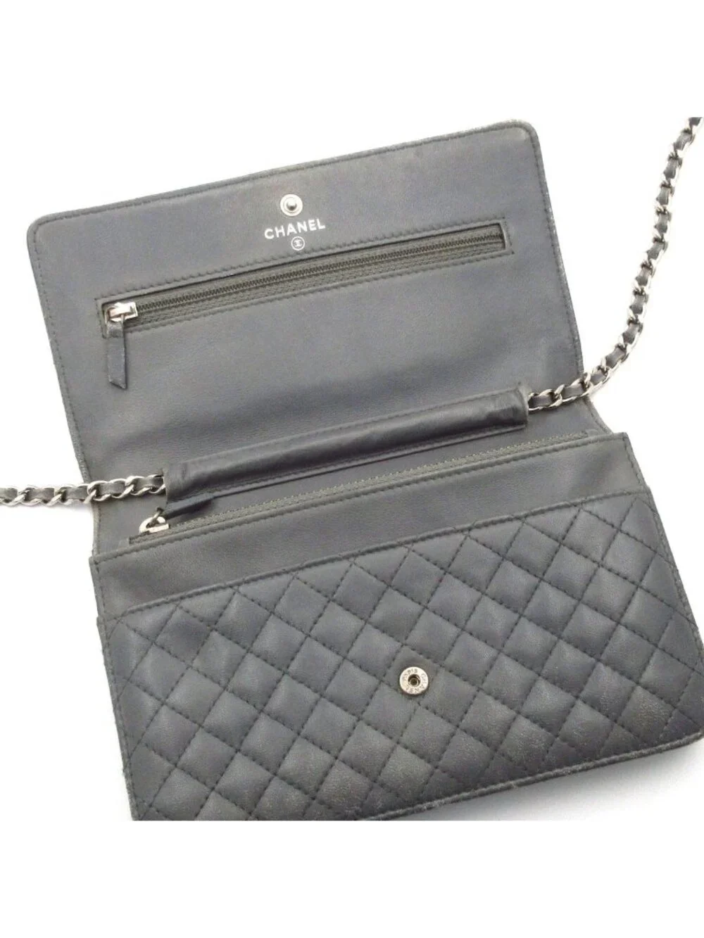 Chanel Wallet Quilted Gray Chain Leather Shoulder
